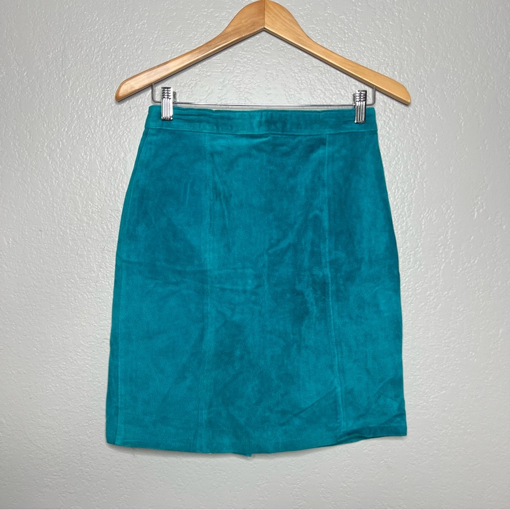 Vintage 90s Turquoise Suede Leather mini Skirt  Sz 9/10